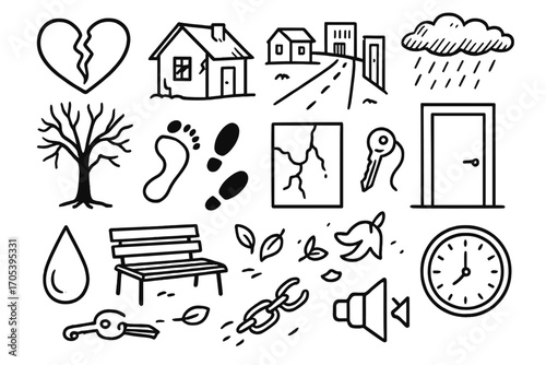 Emotional Loss Icons. Hand-drawn doodle illustration emotional loss of place broken heart, abandoned house, empty street, wilted