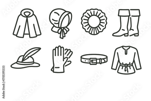 Old World Fashion Icons. Outline icon set of old world clothing and fashion: cloak, bonnet, ruff collar, boots, feather hat,