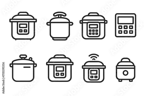 Pressure Cooker Icons. Outline icon set of pressure cooker brands and models: electric pressure cooker, stovetop cooker,