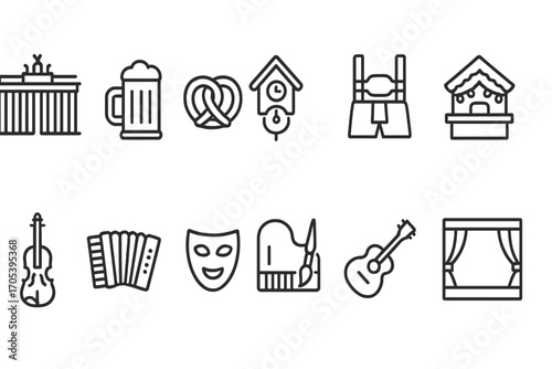 German Culture Icons. Outline icon set of German culture: Brandenburg Gate, beer stein, pretzel, cuckoo clock, lederhosen, black