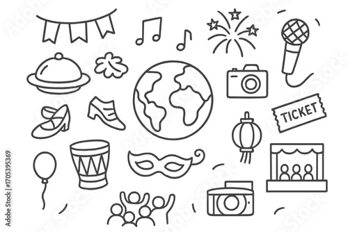 Global Festival Icons. Hand-drawn doodle illustration International festival globe, flags, music notes, food platter, dance shoes,