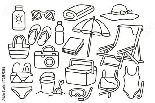Beach Essentials Doodle. Hand-drawn doodle illustration Beach gear essentials sunscreen bottle, sunglasses, towel, umbrella, hat,