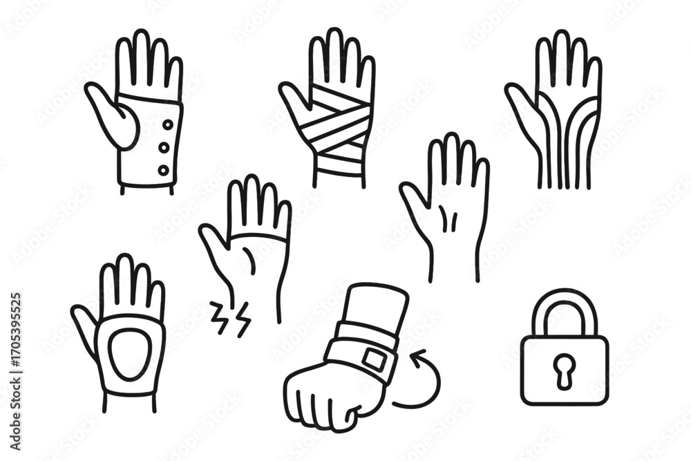 Fototapeta premium Wrist Support Icons. Hand-drawn doodle illustration wrist support wrist brace, compression wrap, kinesiology tape, padded guard,
