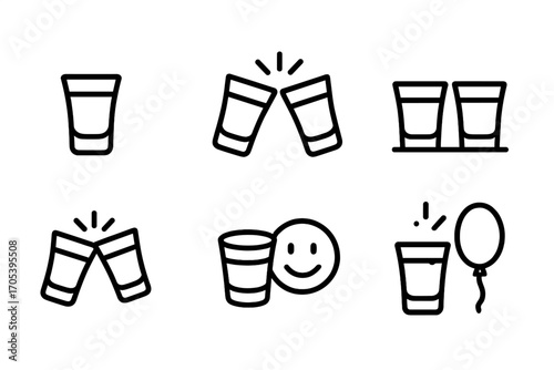 Shot Glass Icons. Outline icon set of shot glass moments: toast, cheers, celebration, bar counter, clinking glasses, happy face,