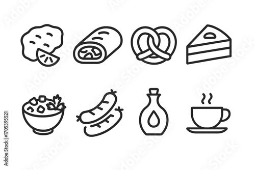 Austrian Cuisine Icons. Outline icon set of Austrian cuisine: Wiener schnitzel, apple strudel, pretzel, sachertorte, goulash,
