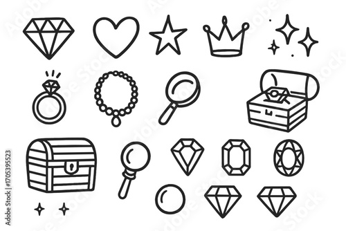 Gemstone Doodle Icons. Hand-drawn doodle illustration gemstone symbols diamond, heart, star, crown, sparkle stars, ring, necklace,
