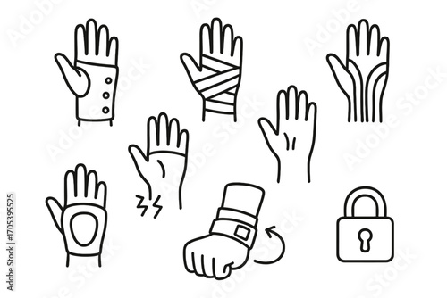 Wrist Support Icons. Hand-drawn doodle illustration wrist support wrist brace, compression wrap, kinesiology tape, padded guard,