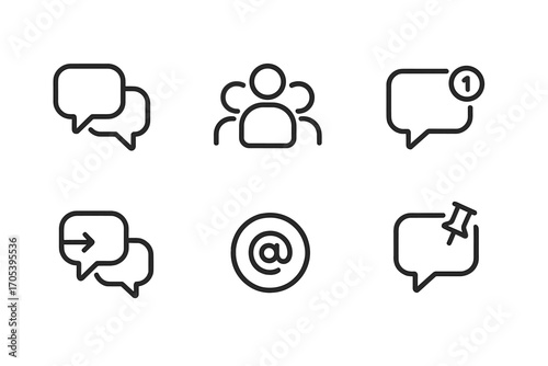 Group Chat Icons. Outline icon set of group chat: multiple speech bubbles, group avatar, notification badge, reply threads,