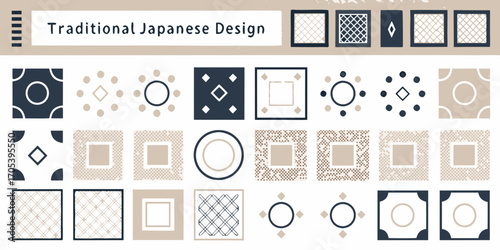 Collection of traditional japanese geometric patterns and designs in neutral colors