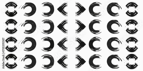 Abstract black brush stroke circles and diamond shapes seamless pattern