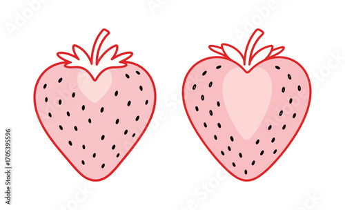 Pair of heart-shaped strawberry illustrations. Cute cartoon vector graphic of a sweet berry. Fruit and love concept isolated on a white background.