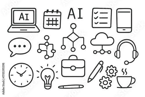 Doodle Work Icons. Hand-drawn doodle illustration AI in work and productivity laptop, calendar, checklist, algorithm gear, cloud