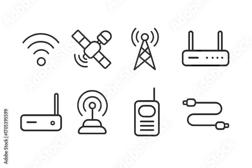 Signal Transmission Icons. Outline icon set of signal transmission: radio waves, satellite, antenna tower, signal booster, Wi-Fi