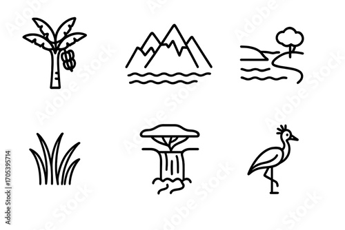 Ugandan Nature Icons. Outline icon set of Ugandan nature: Banana tree, Rwenzori peaks, Lake Victoria, Savannah grass, Acacia tree,
