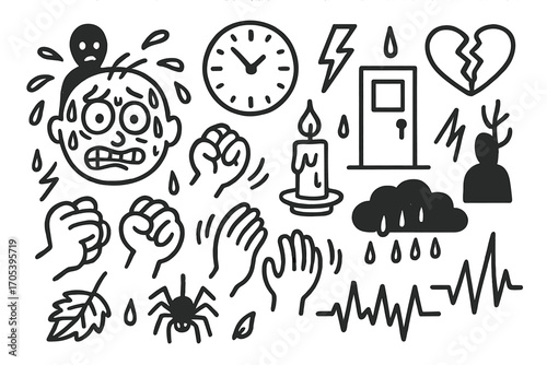 Anxiety Doodle Montage. Hand-drawn doodle illustration nervousness sweating face, clenched fists, wide eyes, racing clock,