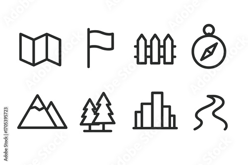 Territory Concept Icons. Outline icon set of territory concepts: map, flag, boundary fence, compass, mountain, forest, city