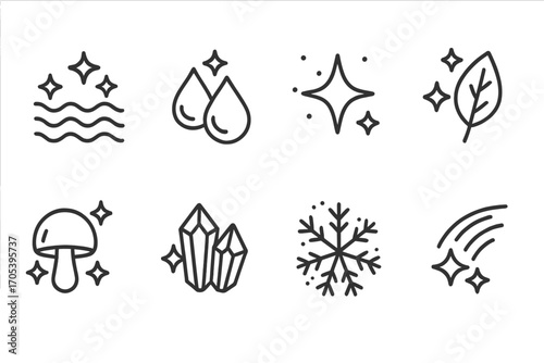 Sparkling Nature Icons. Outline icon set of glitter nature: sparkling water, dew drops, starry sky, shiny leaf, glowing mushroom,