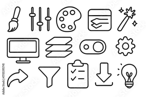 Creative Design Tools. Hand-drawn doodle illustration filter preset paintbrush, sliders, color palette, magic wand, computer