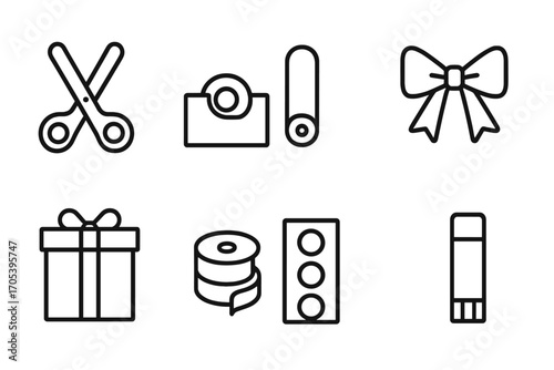 Gift Wrapping Icons. Outline icon set of surprise gift wrapping: ribbon bow, wrapped box, gift tag, decorative paper, tape