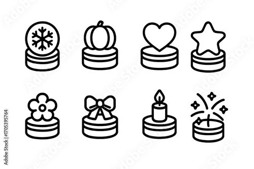 Seasonal Balm Tin Icons. Outline icon set of balm tin seasonal and holiday editions: snowflake, pumpkin, heart, star, flower, gift