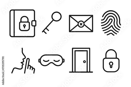 Secret Elements Icons. Outline icon set of secret elements: locked diary, key, sealed envelope, fingerprint, eye mask, whispering