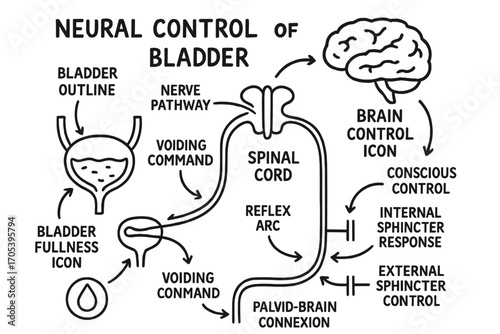 Neural Bladder Control Diagram. Hand-drawn doodle illustration neural control of bladder bladder outline, spinal cord, nerve