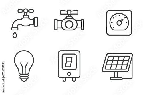 Utility Icons Set. Outline icon set of domestic utilities: water tap, gas valve, electric meter, thermostat, light bulb, circuit