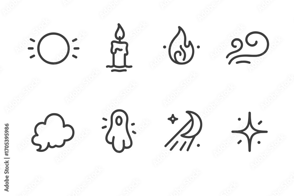 Fototapeta premium Ghostly Lights Icons. Outline icon set of ghostly lights and effects: glowing orb, floating candle, flickering flame, mist swirl,