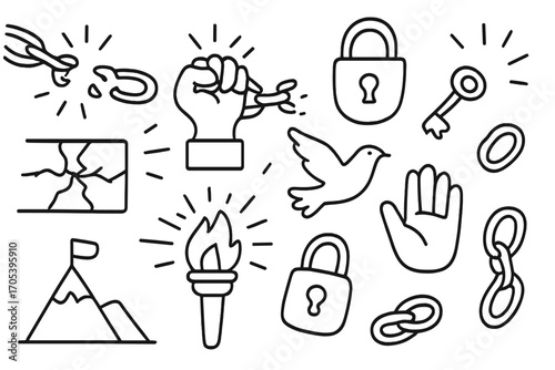 Breaking Free Symbols. Hand-drawn doodle illustration Breaking chains for freedom broken chain, hand breaking shackle, lock, key,