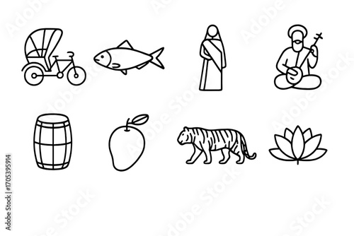 Cultural Icons Outline Set. Outline icon set of Bangladeshi culture: Rickshaw, Hilsa fish, Jamdani saree, Baul singer, Traditional