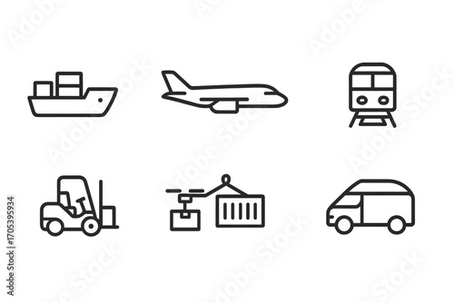 Customs Transport Icons. Outline icon set of customs transport: cargo ship, airplane, truck, train, forklift, drone, shipping