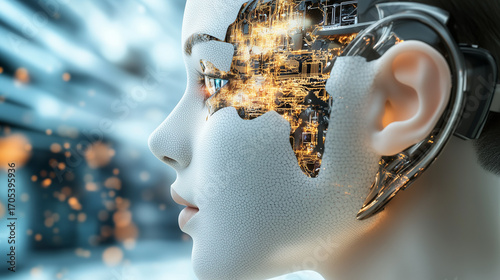 A side profile of a woman with a digitally enhanced head, showcasing an intricate blend of human and cityscape elements. A female robot demonstrates an electronic filling instead of a brain.