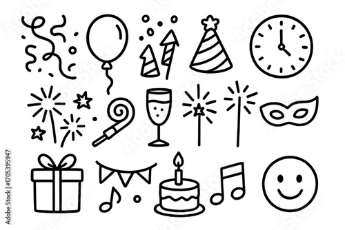 New Year's Eve Icons. Hand-drawn doodle illustration New Year’s Eve party decorations and fun streamer, balloon, confetti, party