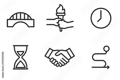 Legacy Transition Icons. Outline icon set of legacy transition: bridge, torch pass, staircase, clock, hourglass, handshake, path,