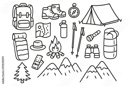 Outdoor Adventure Essentials. Hand-drawn doodle illustration Hiking and camping backpack, hiking boots, tent, compass, map, water