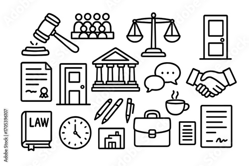 Legal Icons Doodle. Hand-drawn doodle illustration legal decision making judge’s gavel, jury box, scales of justice, legal papers,