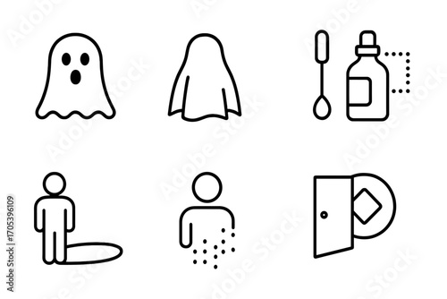 Invisible Icon Set. Outline icon set of invisible: ghost, transparent cloak, hidden eye, invisible ink, shadow figure,
