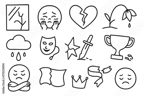 Symbolic Doodles of Indignity. Hand-drawn doodle illustration shame and indignity broken mirror, blushing face, cracked heart,