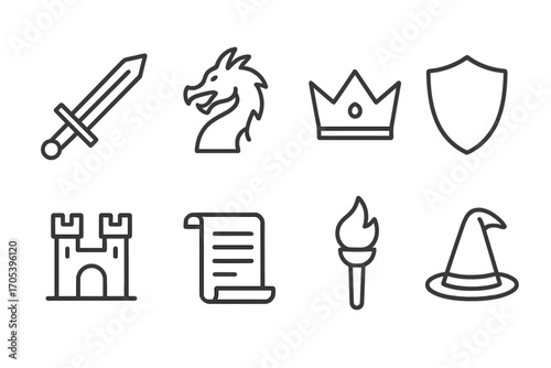 Legend Icon Set. Outline icon set of legend themes: sword, dragon, crown, shield, castle, scroll, torch, wizard hat. Line icons in