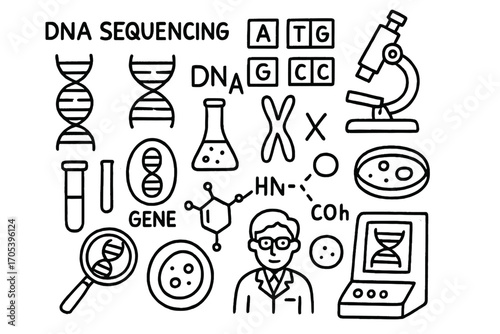 Genetics Doodle Icons. Hand-drawn doodle illustration DNA sequencing and genetics DNA double helix, nucleotide bases, microscope,