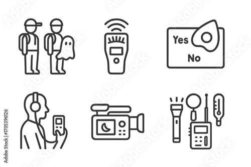 Paranormal Icon Set. Outline icon set of paranormal investigations: ghost hunters, EMF meter, spirit communication, EVP session,