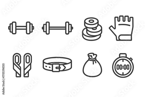 Weightlifting Gear Icons. Outline icon set of weightlifting gear: dumbbell, barbell, weight plates, lifting gloves, wrist wraps,