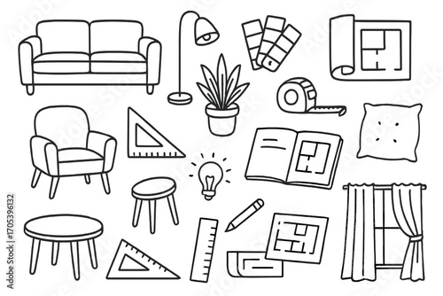 Interior Design Doodles. Hand-drawn doodle illustration interior design sofa, lamp, floor plan, paint swatches, measuring tape,