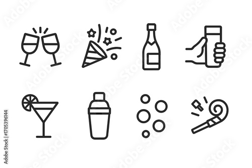 Celebration Drinks Icon Set. Outline icon set of celebration drinks: clinking glasses, party confetti, champagne bottle, toast,