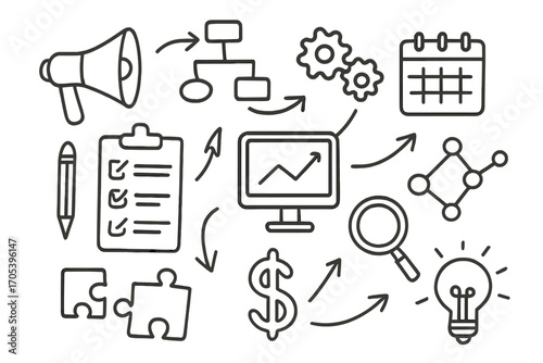 Marketing Doodle Icons. Hand-drawn doodle illustration marketing scheme megaphone, flowchart, checklist, arrows, clipboard, pencil