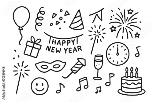 New Year's Doodles. Hand-drawn doodle illustration Festive decorations for New Year’s Eve balloon, streamer, confetti, party hat,