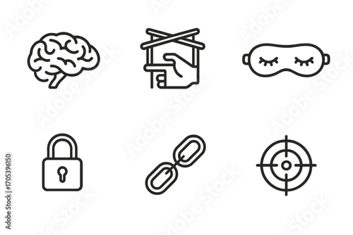 Control Symbols Grid. Outline icon set of emotional and psychological control: brain, puppet strings, handcuffs, eye mask, lock,