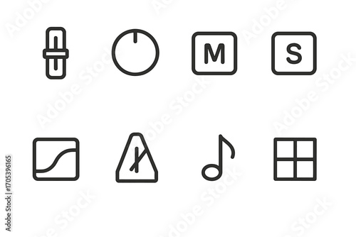 Sequencer Control Icons. Outline icon set of sequencer controls: volume slider, pan knob, mute button, solo button, automation