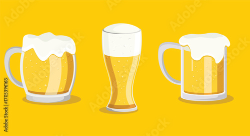 Flat design illustration of assorted beer glasses in various sizes and shapes, filled with golden beer and foam, representing variety, celebration, and casual drinking culture on a clean background.