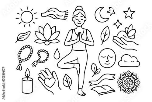 Yoga and Serenity Symbols. Hand-drawn doodle illustration grace yoga pose, lotus flower, meditation beads, candle, flowing scarf,